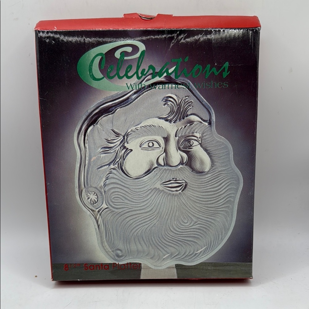 Vintage NWT Celebrations Santa Platter Plate Frosted Glass Decor Christmas